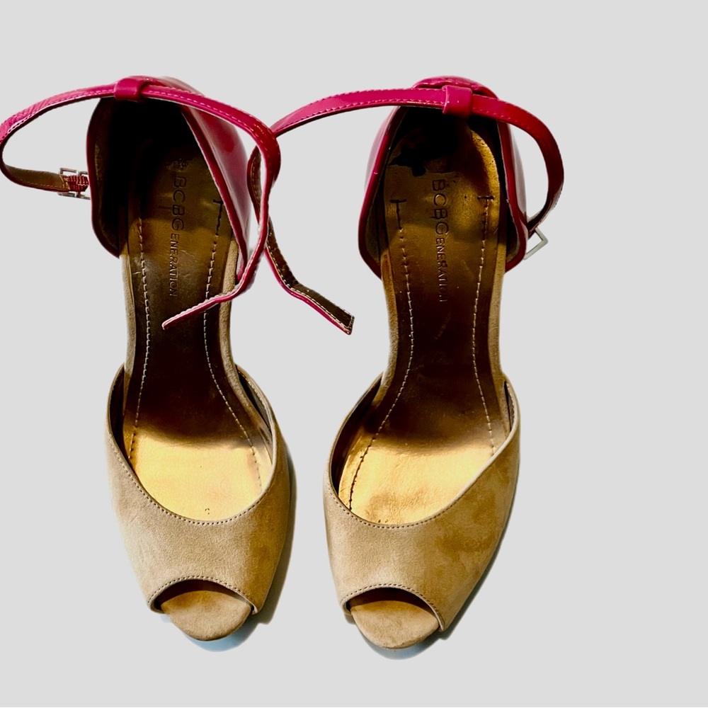 BCBGeneration tan suede with pink paten leather high heel, size 7
